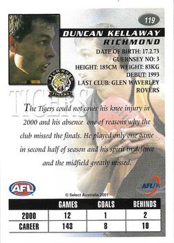 2001 Select AFL Authentic #119 Duncan Kellaway Back